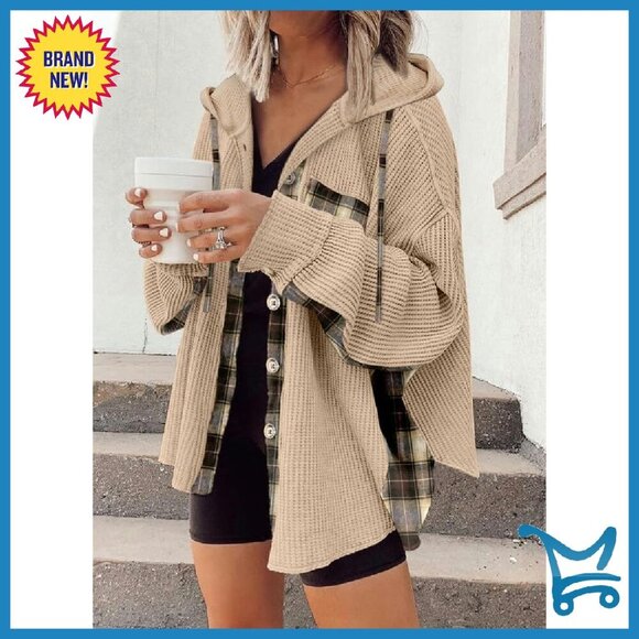 Waffle Knit Plaid Shacket Hooded Jacket Loose Fit Button Down Top - Picture 2 of 6